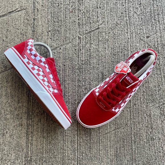 VANS Old Skool Crimson Red White Checker Canvas Shoes - Picture 7 of 10